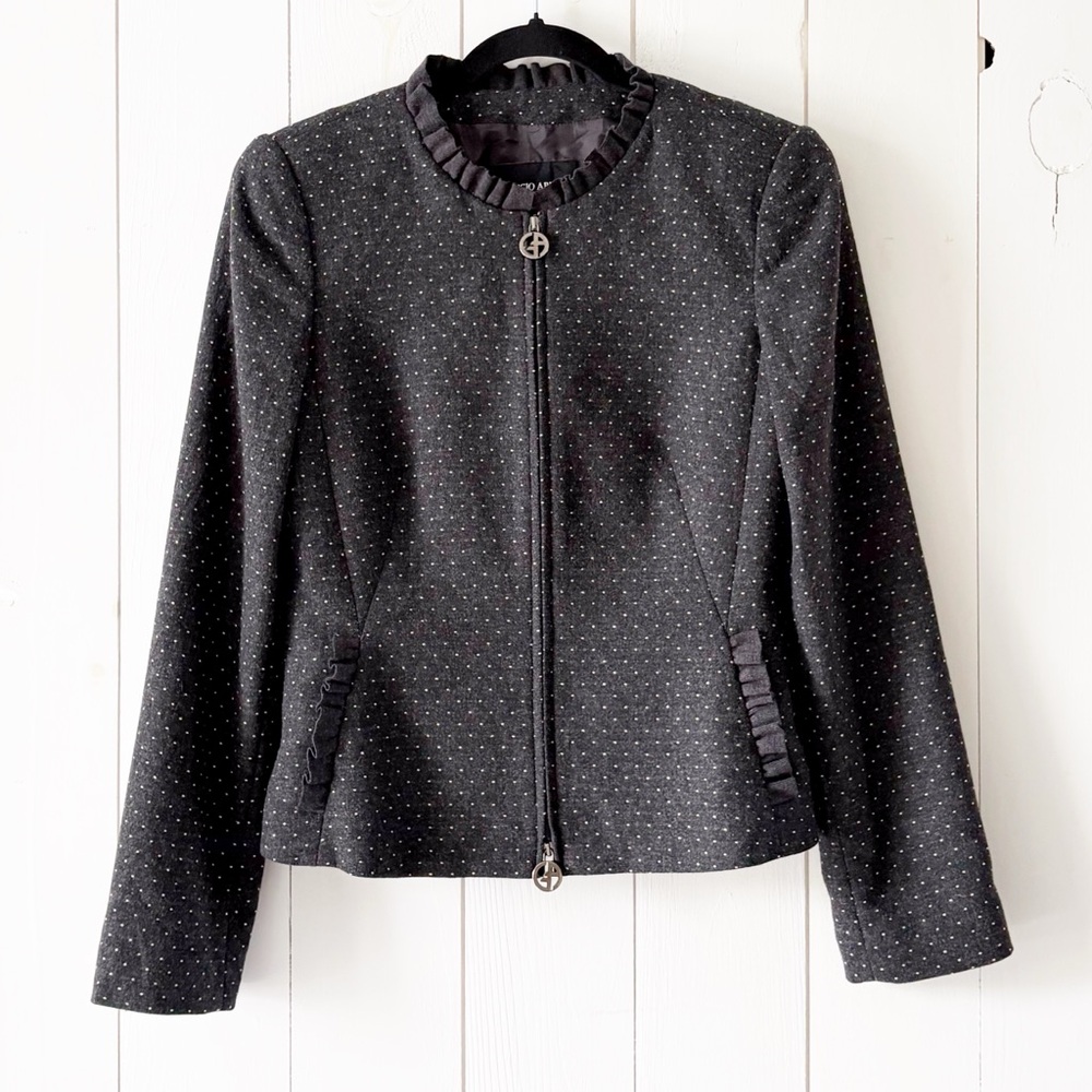 Giorgio Armani Wool Blend Charcoal Polka Dots Ruffle Women’s Blazer Jacket